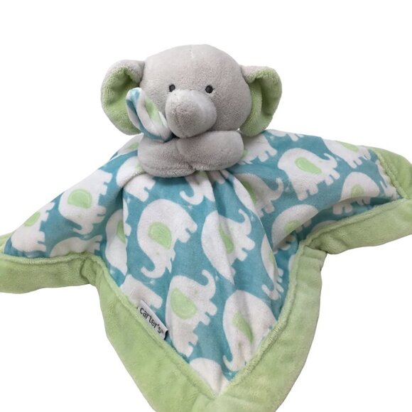 Carters Gray Elephant Hugger Blue Green Lovey Security Blanket Plush Toy Comfort - Picture 1 of 7